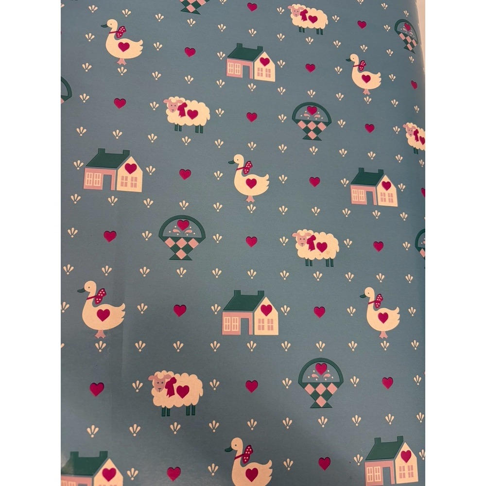 VTG 90s Cottagecore Goose Wrapping Paper Roll Farmhouse Ducks Sheep Hearts Blue